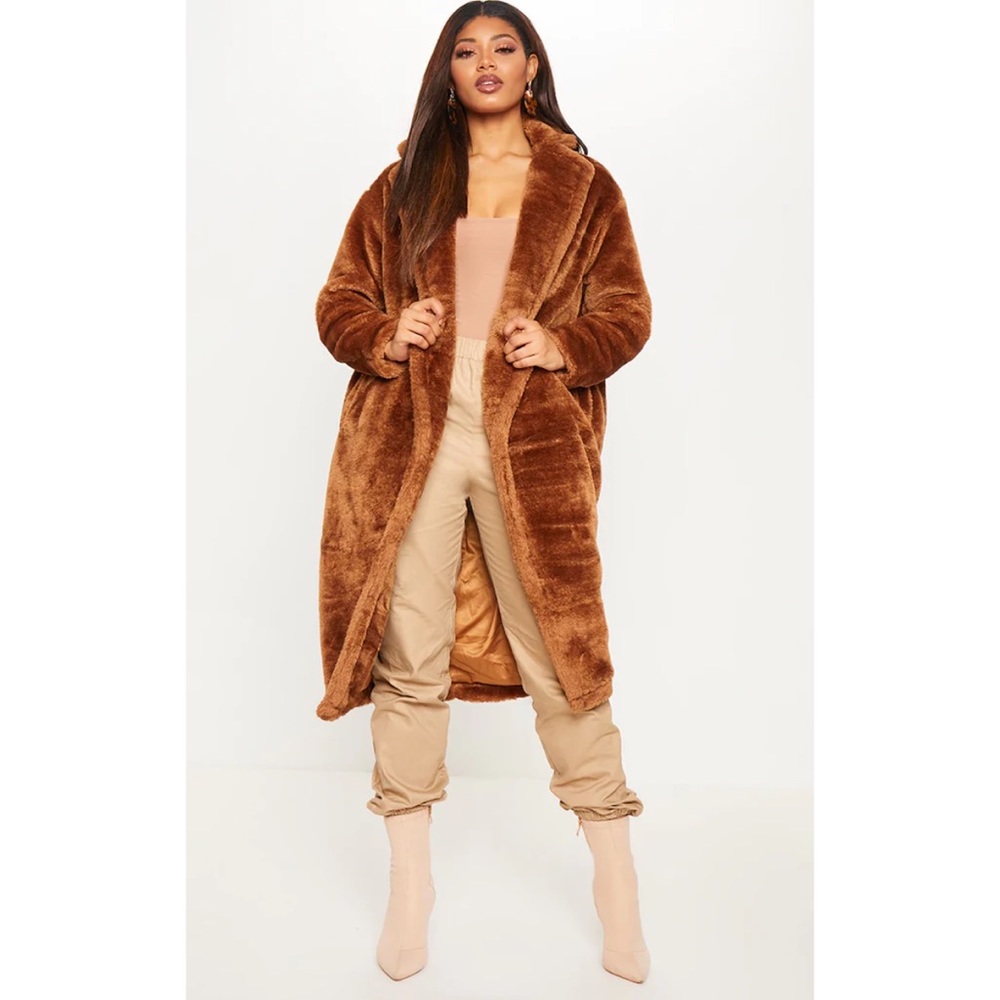 PLT Brown Faux Fur Long Line Coat